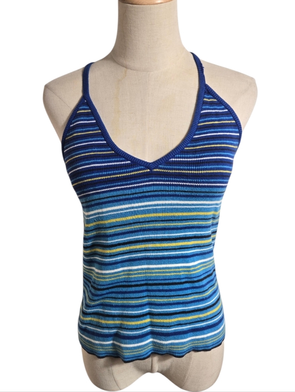 Express Bleus 80s Vintage Striped Blue Knit Halter Camisole